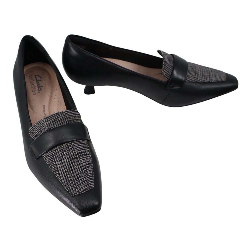 Clarks Scarlyt Mabel Black Leather Plaid Pointed Toe Kitten‎ Heel Pumps 7M NIB